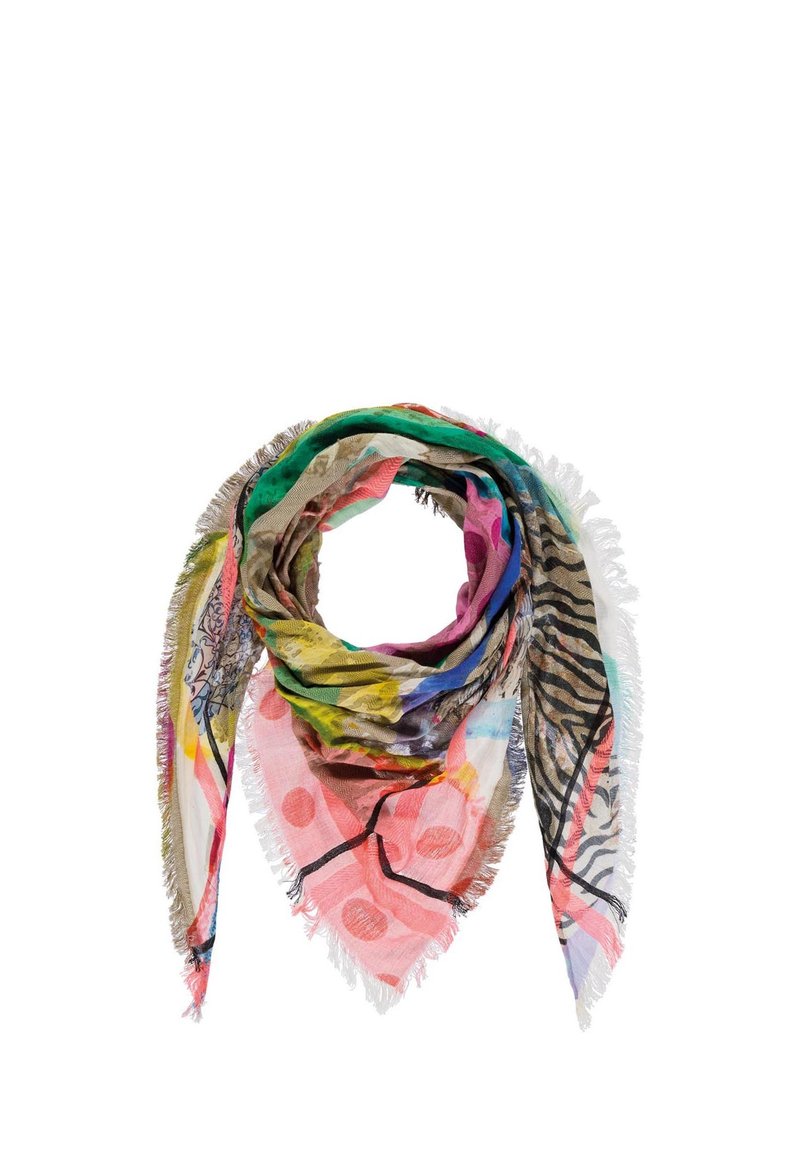 Wielokolorowy szalik z różnorodnymi wzorami, w tym w kropki i print zwierzęcy. Krawędzie są frędzelkowate, a materiał jest lekki i miękki.