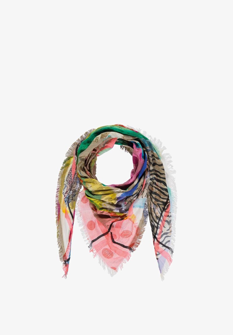 Wielokolorowy szalik z różnorodnymi wzorami, w tym w kropki i print zwierzęcy. Krawędzie są frędzelkowate, a materiał jest lekki i miękki.