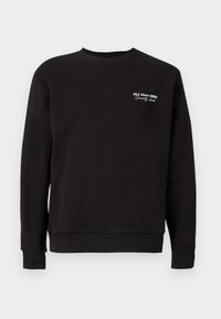 Black sweatshirt with a crew neckline, ribbed cuffs, and hem. Features white embroidered text reading "J&J since 1990 Society Club."