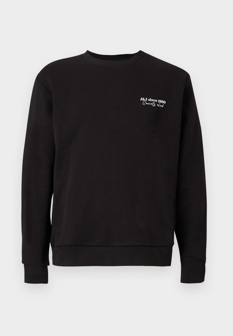 Sweatshirt noir avec un col rond, des poignets et un ourlet côtelés. Présente un texte brodé blanc indiquant "J&J depuis 1990 Society Club."