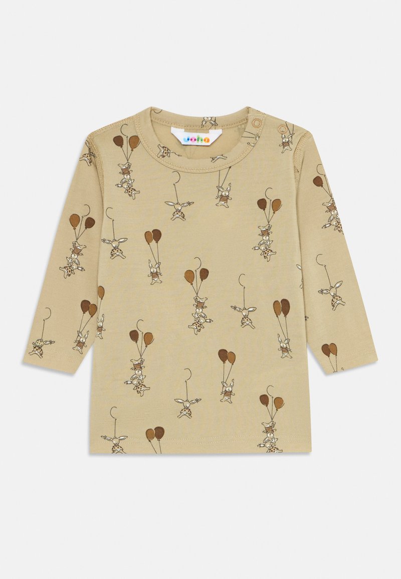 Beige Langarm-Babyschirt mit Cartoon-Kaninchen, die braune Luftballons halten, die überall aufgedruckt sind, und Druckknöpfen an einer Schulter.
