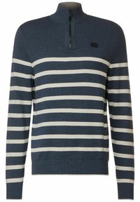 Gestreepte pullover trui in marineblauw en crème, met een halve ritssluiting, lange mouwen en geribbelde manchetten en onderkant.