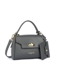 Borsa in pelle grigia Lancaster Paris con manico superiore, tracolla staccabile, chiusura in oro e piccolo portafoglio abbinato attaccato.