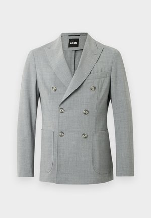 Blazer gris de doble botonadura con dos bolsillos frontales, solapas de pico y seis botones redondos plateados. Fabricado en una tela texturizada y ligera.