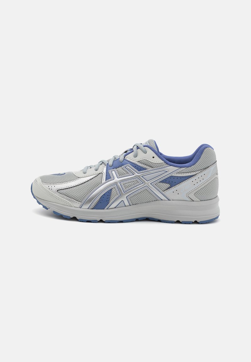 Gray and blue athletic shoe featuring a mesh upper, synthetic overlays, and a textured sole for traction. Laced design with padded collar.
