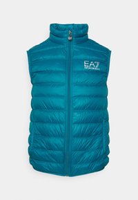 Puchowa, morska kamizelka z wysokim kołnierzem, przednim zamkiem błyskawicznym i bocznymi kieszeniami. Posiada przeszywane poziome pikowanie oraz haftowane logo EA7 na przodzie.