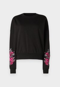 Μαύ�ρη φούτερ μπλούζα με μακριά μανίκια, η οποία διαθέτει έντονες ροζ λουλουδάτες κεντήσεις στο αριστερό μανίκι και ραμμένο γιακά. Μαλακή υφή υφάσματος.