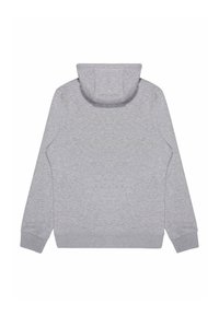 Felpa grigia con una texture di tessuto morbido, dotata di cappuccio posteriore, maniche lunghe e polsini a coste. Nessun motivo o hardware visibile.