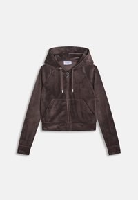 Sweat à capuche zippé en velours marron foncé, manches longues, poche avant, cordons et petit logo brodé sur la poitrine.