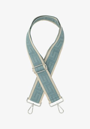 Texturiertes blaues und cremefarbenes Band mit geometrischem Muster, versehen mit Metallclips an beiden Enden zur Befestigung.