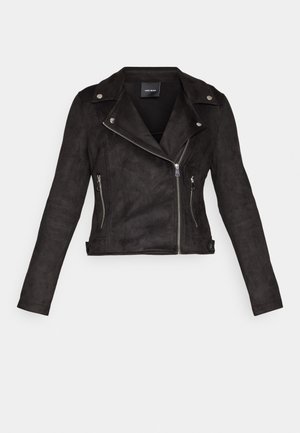 Black suede biker jacket with a notched collar, asymmetrical front zipper, and two zippered pockets; features smooth texture and fitted design.