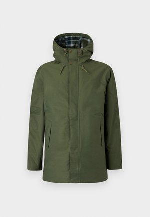 Waterdichte jas in olijfgroen met capuchon, voorzien van een geruite voering, zijzakken en knoopdetails aan de voorkant.