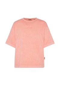 Helles rosa T-Shirt mit kurzen Ärmeln aus weichem Baumwollmix. Mit einem runden Ausschnitt und einem dezenten Logo-Print auf der Vorderseite. Boxy-Schnitt.
