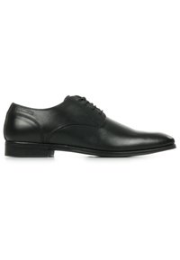 Zwarte leren nette schoen met een gladde afwerking, ronde neus, zes gaatjes vetersluiting en een lage, slanke hak.