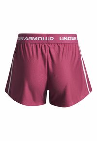 Bordeauxkleurige sportshorts met een rekbare tailleband en witte "UNDER ARMOUR" tekst. Zijkanten met witte strepen en een gladde, lichte stof.