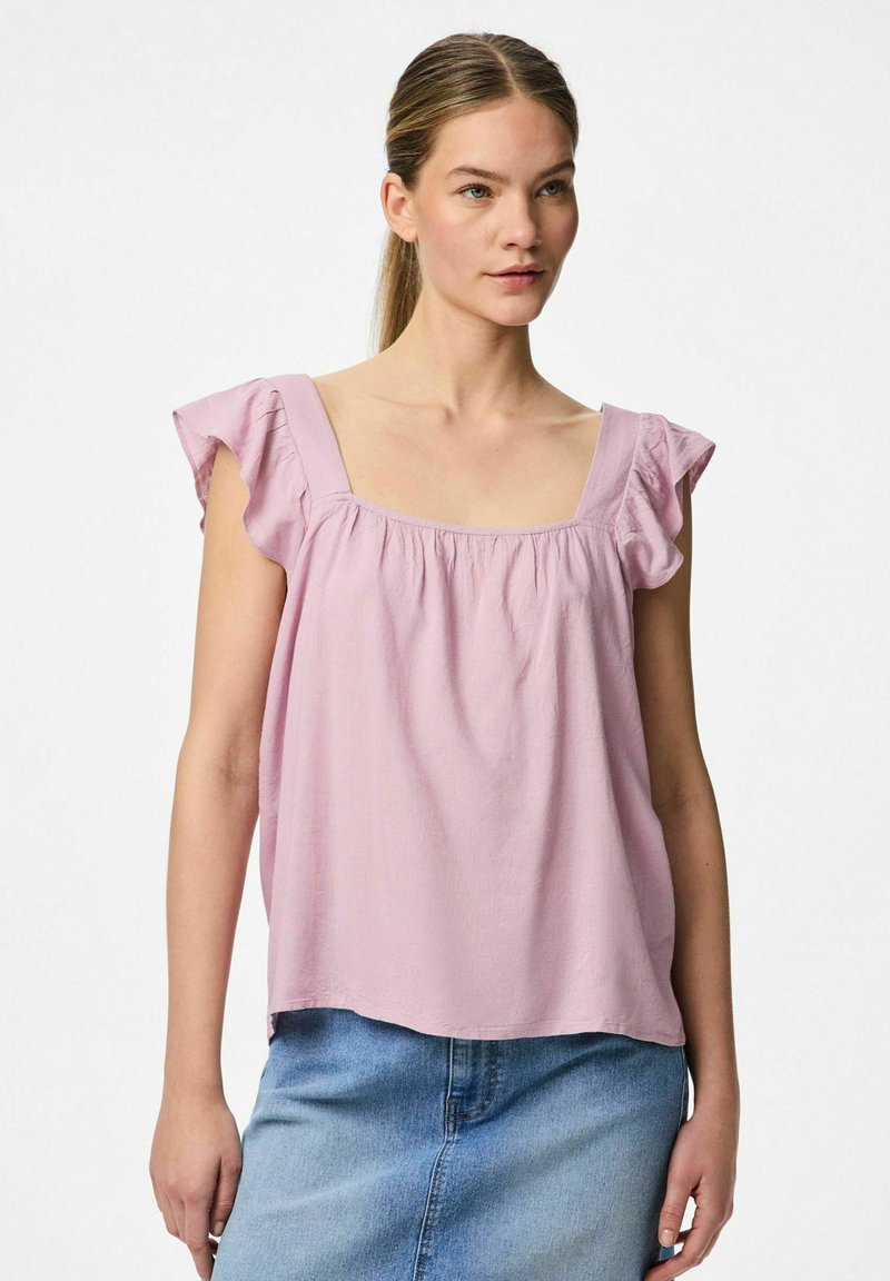 Top corto maniche a sbuffo di colore rosa chiaro, con scollatura quadrata; realizzato in tessuto morbido con una vestibilità rilassata.