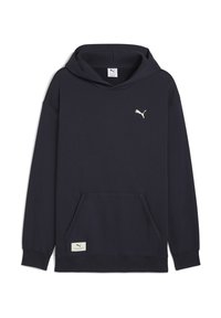 Felpa blu navy realizzata in tessuto morbido, con tasca frontale, dettagli a coste sul cappuccio e un piccolo logo Puma bianco sul petto.