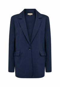 Blazer navy realizzato in tessuto liscio, con revers a punta, chiusura a un bottone e due tasche welt frontali.