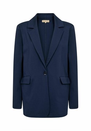 Navy blazer made from smooth fabric, featuring a notched lapel, single button closure, and two front welt pockets.