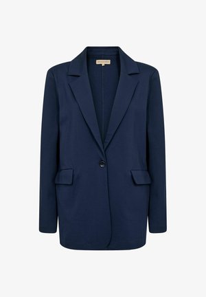 Tumesinine bleiser, mis on valmistatud siledast kangast, millel on lõhikuga krae, ühe nööbiga kinniti ja kaks eesmist tasapinnalist taskut.