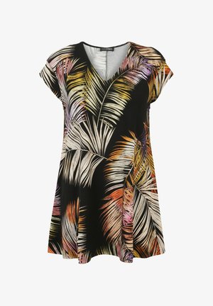 Schwarze Kurzarm-Tunika mit V-Ausschnitt, die bunte Palmblattmuster in Cremetönen, Orange, Pink und Gelb auf dunklem Hintergrund zeigt.