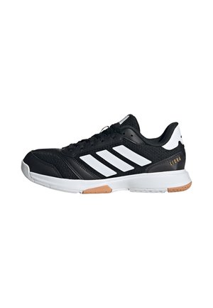 Black athletic shoe with white Adidas stripes, synthetic upper, rubber sole, cushioned collar, and gum rubber accents on the outsole.