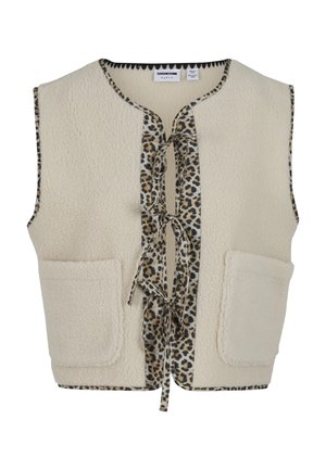 Gilet in pile beige con dettagli in stampa leopardata, dotato di una coulisse frontale e due ampie tasche. Collo arrotondato e design senza maniche.