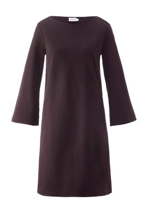 Dunkelbraunes, langärmliges Kleid aus weichem Stoff, mit Rundhalsausschnitt und ausgestellten Ärmeln. Einfaches, schmuckloses Design.