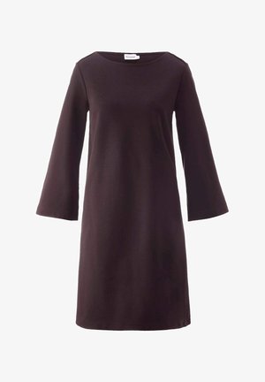 Dunkelbraunes, langärmliges Kleid aus weichem Stoff, mit Rundhalsausschnitt und ausgestellten Ärmeln. Einfaches, schmuckloses Design.