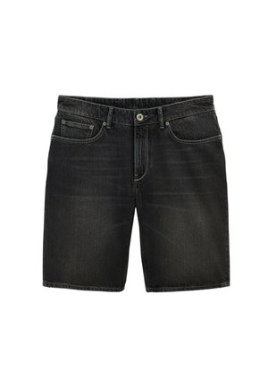 Shorts en denim noir avec fermeture à boutons et fermeture éclair à l'avant, passants pour ceinture et design à cinq poches.