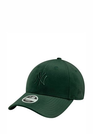 Green baseball cap with a curved brim, featuring an embroidered "NY" logo on the front and a round New Era tag on the side.