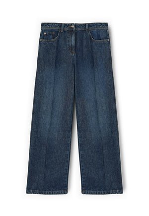 Dunkelblaue Jeans mit geradem Bein, vorderen Taschen, Gürtelschlaufen und vorderem Knopfverschluss, flach auf weißem Hintergrund ausgebreitet.