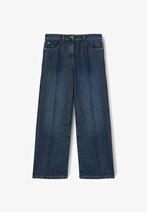 Blugi din denim albastru închis, cu croială dreaptă, buzunare frontale, găici pentru curea și închidere frontală cu nasturi, așezați pe o suprafață albă.