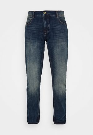 Jeans bleu foncé avec un aspect délavé. Fabriqués en tissu denim, avec fermeture à bouton, passants de ceinture et design à cinq poches.