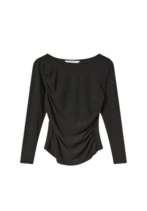 Top negro de manga larga hecho de tejido elástico con escote barco, diseño fruncido en los laterales y sutiles detalles brillantes en toda su superficie.