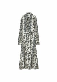 Abito a maniche lunghe con una stampa rettile bianca e nera, dotato di colletto e vita accollata, realizzato in un tessuto leggero.