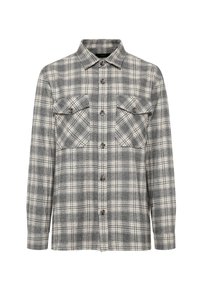 Grau-weißkariertes Hemd, lange Ärmel, Knopfverschluss, zwei Brusttaschen, aus strukturiertem Stoff, mit klassischem Kragen und abgerundetem Saum.