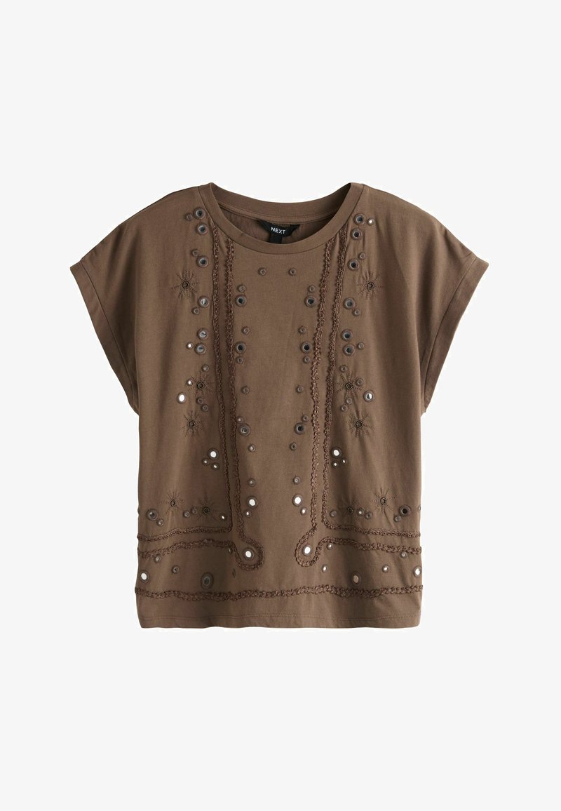 Braunes kurzärmeliges Oberteil mit rundem Ausschnitt, verziert mit dekorativen Ösen und bestickten Mustern vorn und nahe dem Saum.
