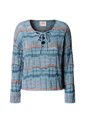 Maglione blu a maniche lunghe con trama, decorato con onde di strisce arancioni e blu scuro, scollo con lacci e etichetta West 11 all'interno del collo.