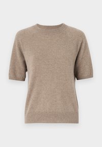 Beige gebreide trui met korte mouwen, een ronde halslijn, ribgebreide mouwen en zoom, een gladde textuur en een relaxte pasvorm.