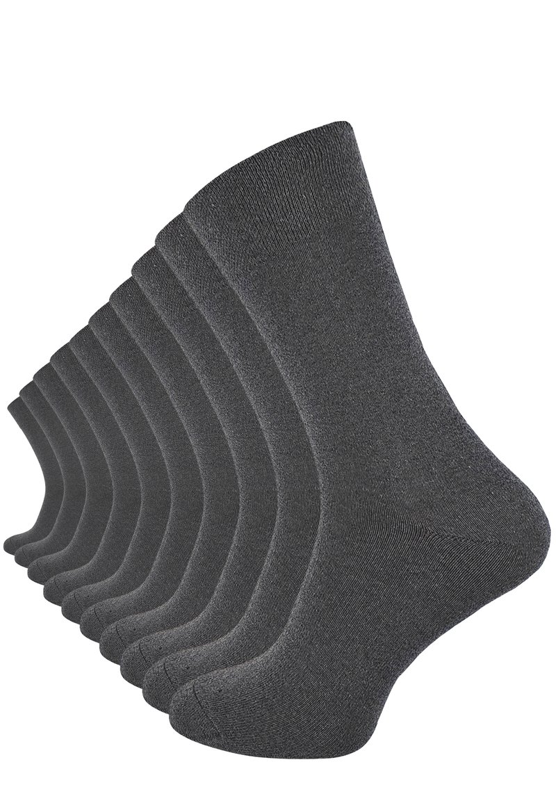 Paket mit zehn Paar dunkelgrauer Baumwollsocken, mittellanger Schnitt, mit glatter Textur und verstärktem Zehenbereich für Langlebigkeit.