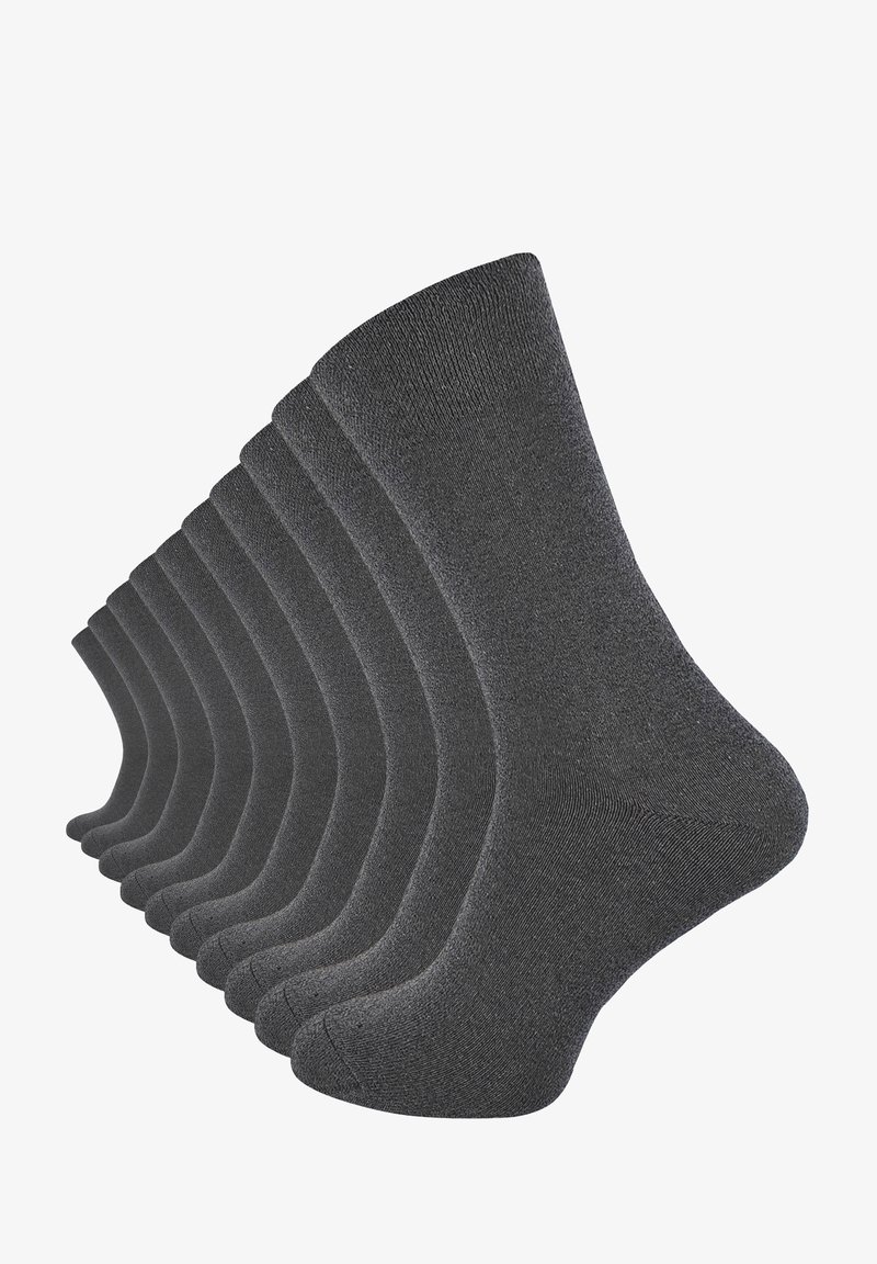Confezione di dieci paia di calzini in cotone grigio scuro, lunghezza fino al polpaccio, caratterizzati da una superficie liscia e punta rinforzata per una maggiore durata.