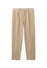 Pantalones de pana beige con rayas verticales, con cierre de botón, dos bolsillos delanteros y un corte holgado. Tela texturizada.