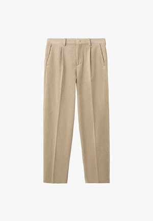 Beiget corduroyhousut pystysuorin raitoin, joissa on napin kiinnitys, kaksi etutaskua ja rento istuvuus. Kankaan pinta on teksturoitu.