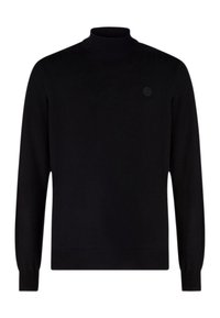 Black turtleneck sweater made of smooth fabric, featuring long sleeves, fitted cuffs, and a subtle logo accent on the chest.