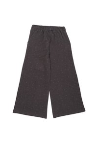 Dark grey wide-leg pants made of soft fabric with a subtle pattern of small, colorful dots. Elastic waistband for adjustable fit.