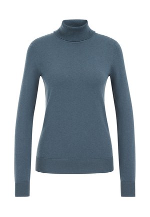 Pull à col roulé bleu en tissu tricoté lisse, doté de manches longues et de bords-côtes au niveau des poignets et de l'ourlet. Design simple et minimaliste sans motifs.