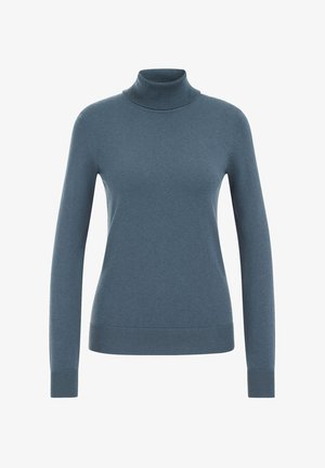 Blå turtleneck sweater i glat strikstof, med lange ærmer og ribbede manchetter og kant. Enkelt, minimalistisk design uden mønstre.