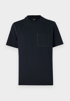 Navy blue short-sleeve t-shirt made of cotton with a round neckline and a front pocket featuring contrasting white stitching details.