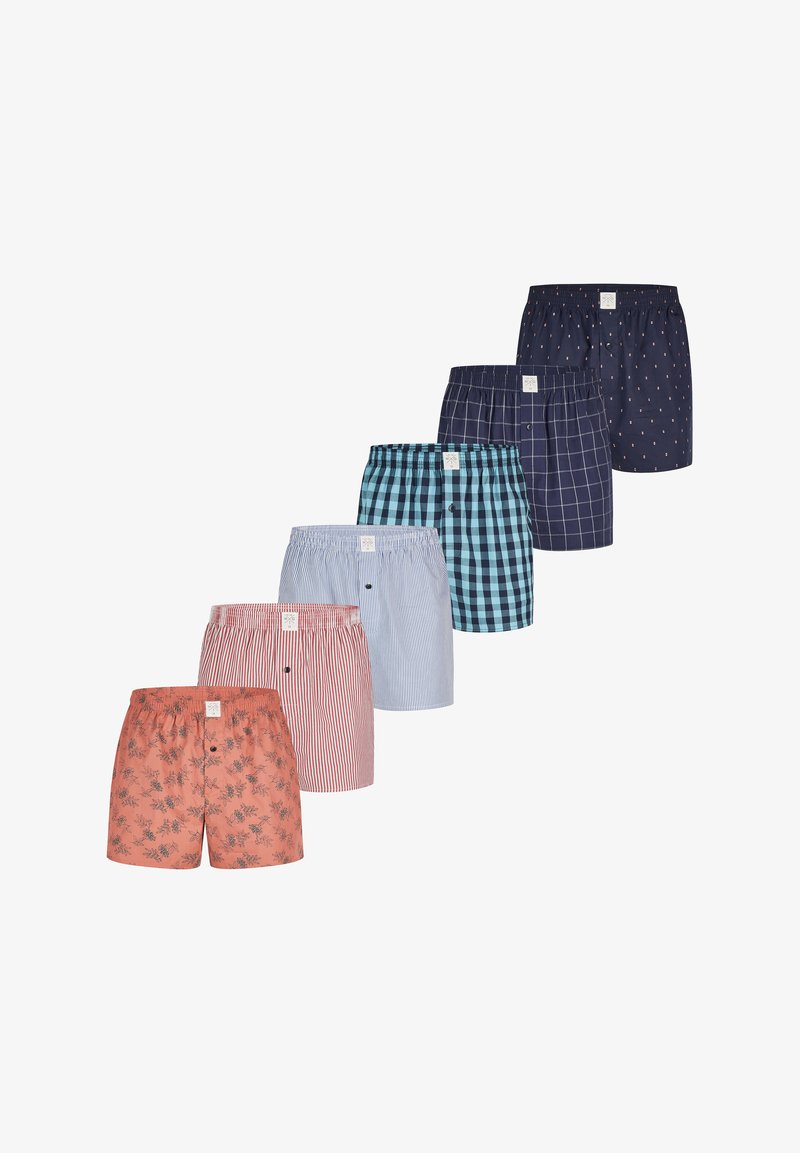 Herrboxershorts i olika mönster: blommor, ränder, rutor och prickar. Färgerna inkluderar korall, blå, marin och vit. Varje par har en elastisk midja.